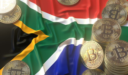 Bitcoin BTC coins or tokens and flag of South Africa. Crypto market related 3D rendering