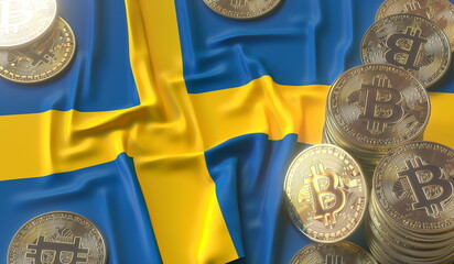 Flag of Sweden and bitcoin coins or tokens, cryptocurrency related 3D rendering