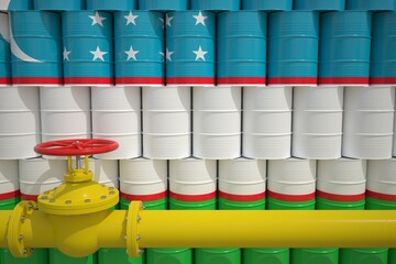 Gas pipe and barrels with petrochemicals with flag of Uzbekistan. Petroleum industry related 3d rendering