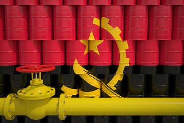 Gas pipe and barrels with petrochemicals with flag of Angola. Petroleum industry related 3d rendering