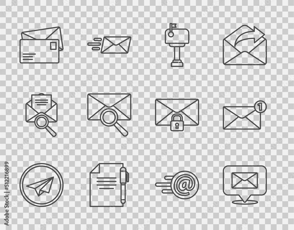 Poster set line paper plane, speech bubble with envelope, mail box, document and pen, envelope, magnifying 