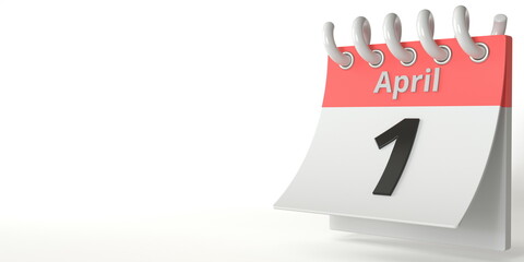 April 1 date on a tear-off calendar, 3d rendering