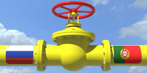 RUSSIA PORTUGAL oil or gas transportation concept, pipe with valve. 3D rendering