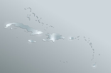 Caribbean islands map, individual islands, design glass card 3D, blank