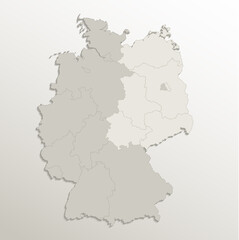 Germany map divided on West and East Germany with regions, card paper 3D natural, blank