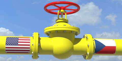 USA CZECH REPUBLIC oil or gas transportation concept, pipe with valve. 3D rendering