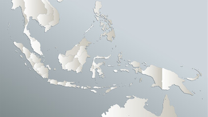 Indonesia map, administrative division, separates regions, blue white card paper 3D, blank