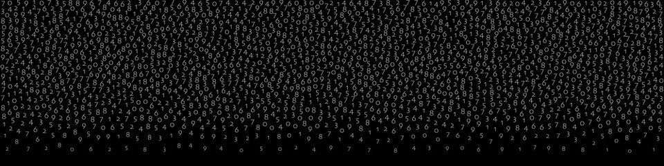 Falling numbers, big data concept. Binary white flying digits. Quaint futuristic banner on black background. Digital vector illustration with falling numbers.