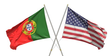 Flags of the USA and Portugal on white background. 3D rendering