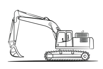 A drawn line of hydraulic excavator for earthmoving, commercial vehicle. Heavy backhoe construction machines equipment concept. Abstract Earth mover, digger. Crawler excavator line icon. Vector eps 10 - obrazy, fototapety, plakaty