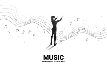 Vector silhouette of conductor standing with flying music note . Concept background for orchestra concert and recreation.