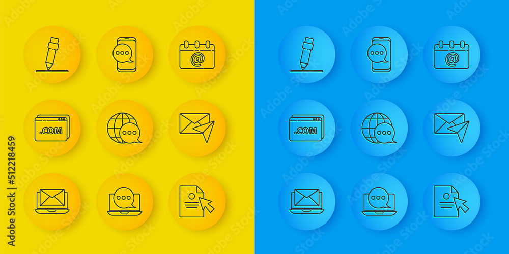 Poster set line laptop with envelope, website template, world map made from speech bubble, document and cur