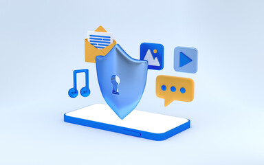 Fototapeta premium Shield protecting personal data information. Cyber security concept protection from data leaks. Online safety. 3d rendering
