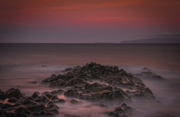 Sunrise on Reis Magos beach. Canico, Madeira, Portugal. October 2021. Long exposure picture