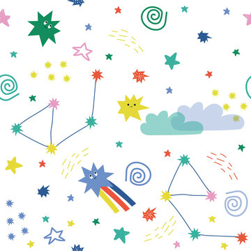 Bright seamless pattern with stars. Childish trendy print. Vector hand drawn illustration.