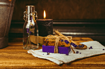 homemade soap. different objects lie on the table, still life, making soap at home