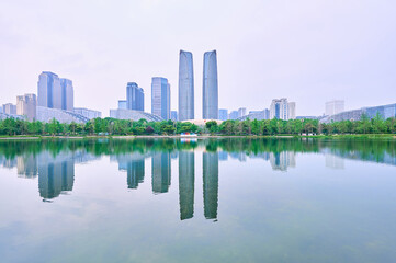 Fototapeta na wymiar The Twin Towers, a landmark high-rise building in Chengdu Financial City, China