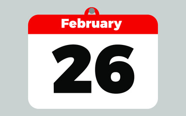 February, 26. White and red calendar.