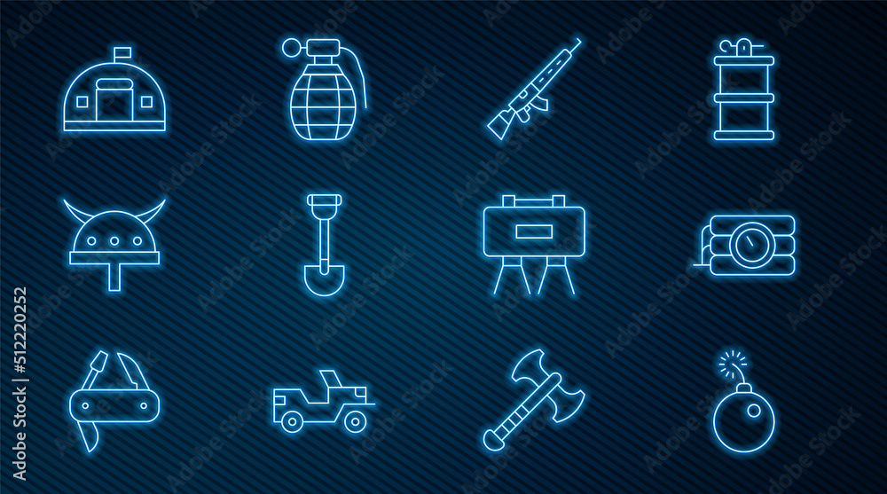 Poster set line bomb ready to explode, dynamite and timer clock, sniper rifle with scope, sapper shovel, vi
