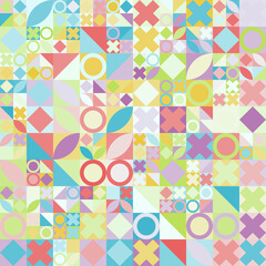 Patrón geométrico abstracto de figuras variadas en tonos pastel con fondo azul claro.