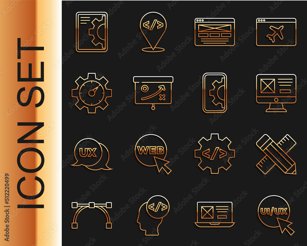 Wall mural set line ui or ux design, crossed ruler and pencil, planning strategy concept, website statistic, de