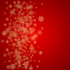 Fototapeta na wymiar Christmas snowflakes on red background. Glitter frame for seasonal winter banners, gift coupon, voucher, ads, party event. Santa Claus colors with golden Christmas snowflakes. Falling snow for holiday