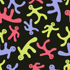 Seamless pattern with colored smiling little people. Groovy background for T-shirt, textile and print. Doodle vector illustration for decor and design.