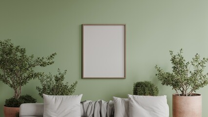 Scandinavian modern living room render with empty frame mockup, pastel mint green wall and plants
