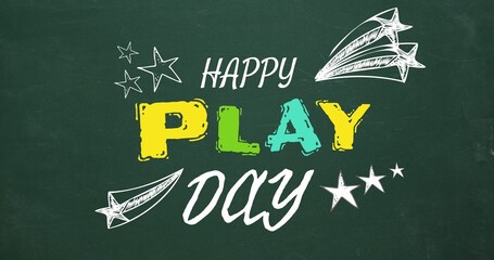 Illustration of happy play day text with star patterns over green background - Powered by Adobe