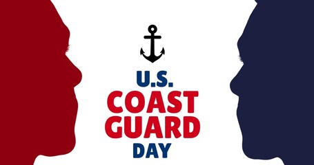 Digital composite image of us coast guard day text between silhouette red and blue males