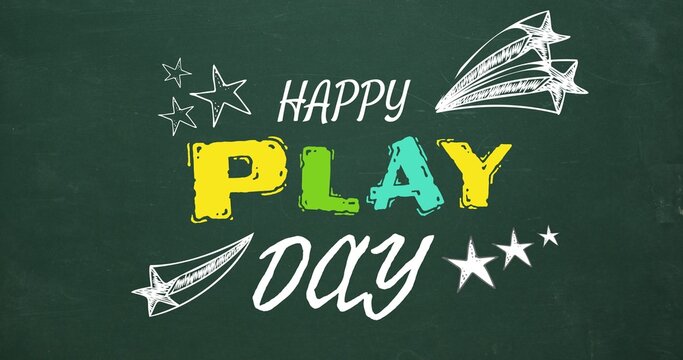 Illustration of happy play day text with star patterns over green background