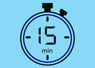 15 minutes icon isolated on blue background. Watch, timer, countdown symbol.