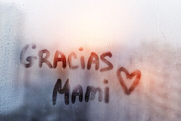 Handwritten lettering text Gracias Mami in spanish is Thanks mother in english written finger with...