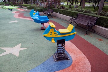 Colorful playground a wobble for kids made of plastic empty outdoor playground set playground...
