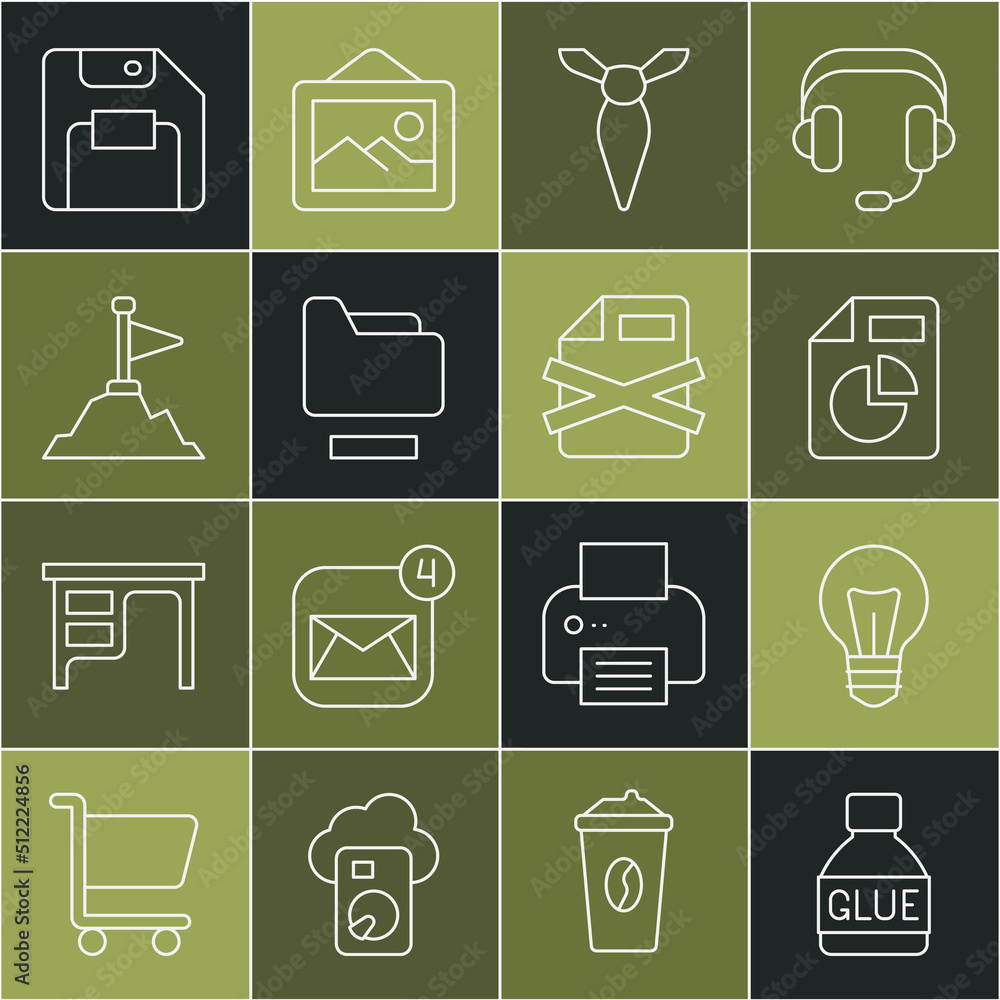 Poster set line glue, light bulb, document with graph chart, tie, folder, mountains flag on top, floppy dis