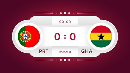 Portugal Vs Ghana Match. Football 2022. World Football Championship Competition Infographic. Group Stage. Group H. Poster, Announcement, Game Score. Scoreboard Template. Vector