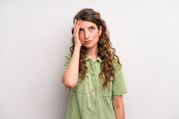 young adult pretty woman feeling bored, frustrated and sleepy after a tiresome, dull and tedious...