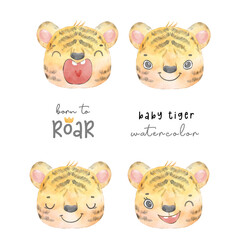 watercolor painting cute adorable baby tiger face head in different emotions, born to roar, cute animal character idea for child and kid printable stuff and t shirt, greeting card, nursery wall art