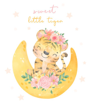 watercolor painting cute adorable sweet floral baby tiger sitting on floral crescent moon  cute animal character idea for child and kid printable stuff and t shirt, greeting card, nursery wall