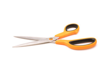 New scissor with orange and black color on handle isolated on white