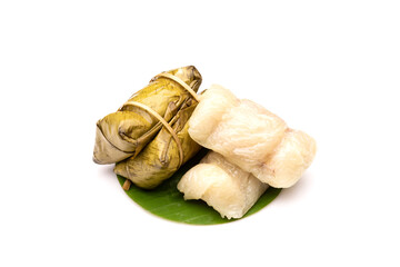 Bananas with Sticky Rice steamed in banana leaf (Khao Tom Mat) isolated on white