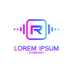 letter R with Pulse music player element. Logo template electronic music, equalizer, store, dj, nightclub, disco. Audio wave logo concept, Multimedia Technology themed, Abstract Shape vector