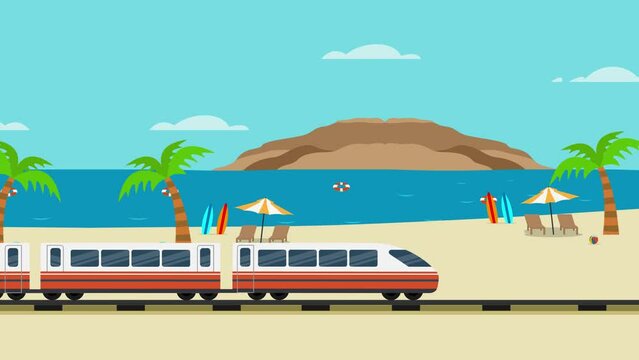 Train moving fast near the beach