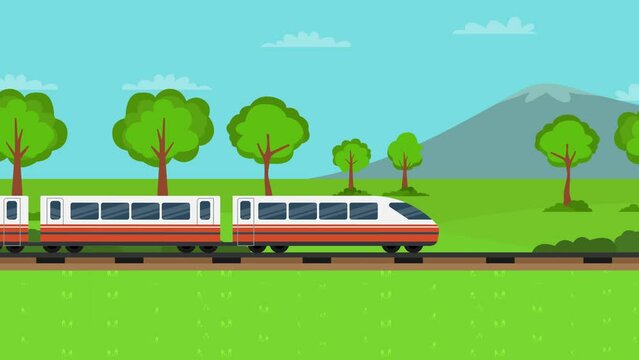 Train moving fast with mountain background