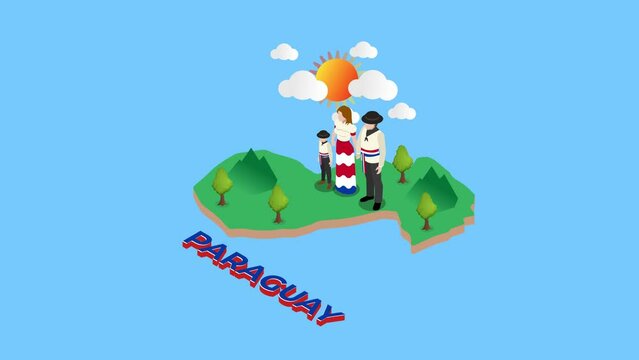 Young family standing on country map of Paraguay
