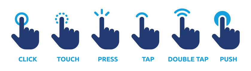 Finger click icon vector set. Touch, press tap, push, hold hand gesture sign symbol illustration.