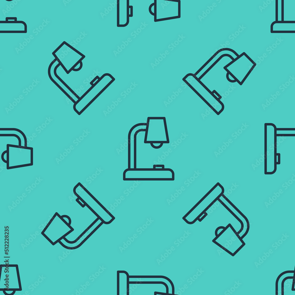 Poster black line table lamp icon isolated seamless pattern on green background. vector