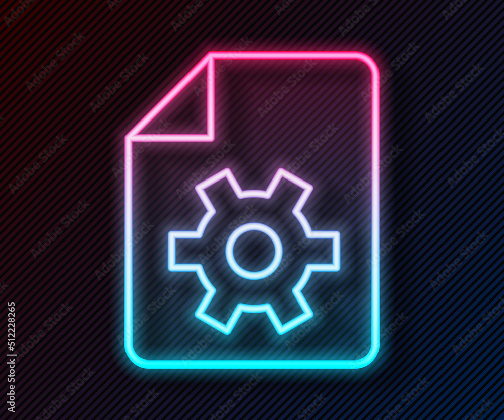Poster glowing neon line document settings with gears icon isolated on black background. software update, t