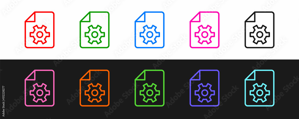 Aufkleber set line document settings with gears icon isolated on black and white background. software update, 
