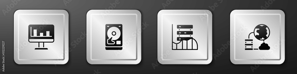 Poster set monitor with graph chart, hard disk drive hdd, server, data, web hosting and network cloud conne
